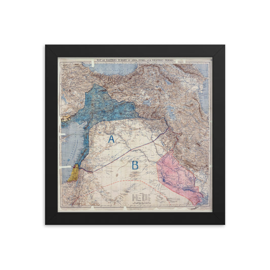 1916 Sykes-Picot Signed Agreement Framed Vintage Map Reprint
