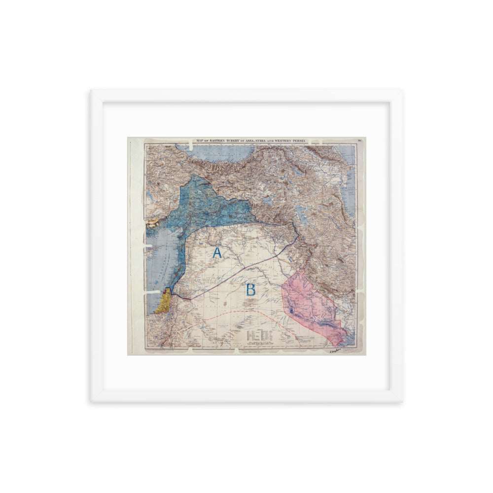1916 Sykes-Picot Signed Agreement Framed Vintage Map Reprint