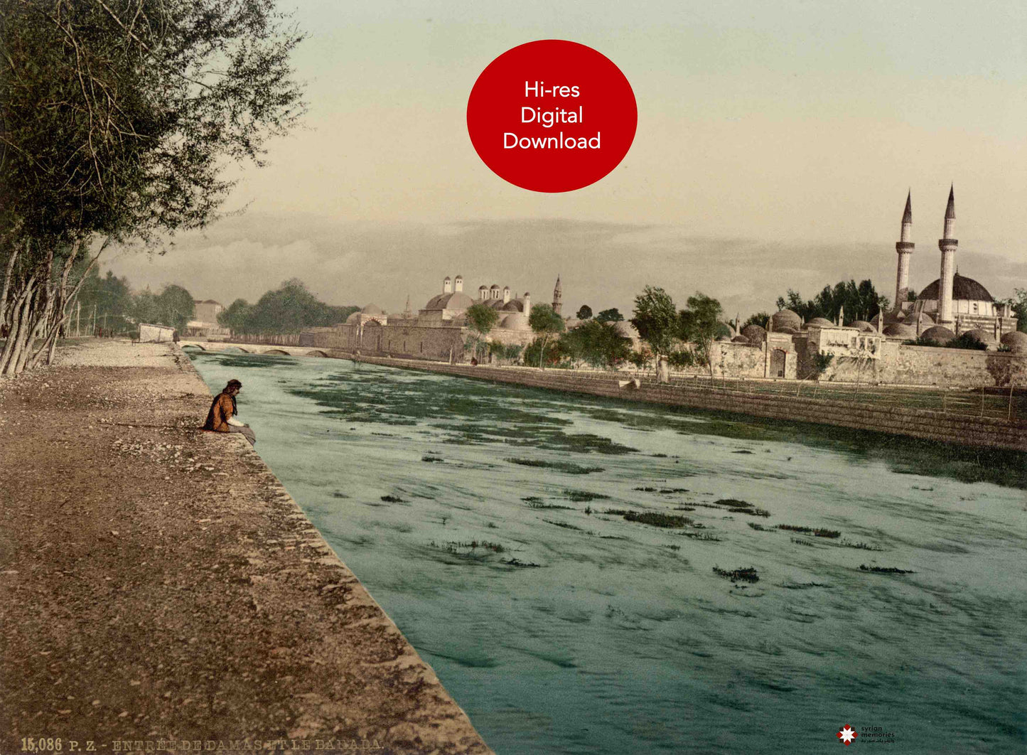 1890s Barada River and Takiyya Sulaymaniyya in Damascus Framed Photocrom