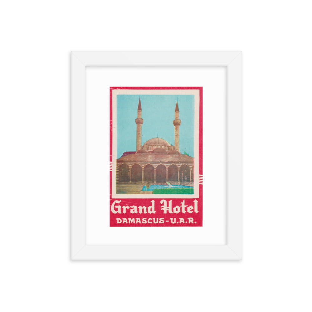 1958-61 Damascus Grand Hotel Vintage Luggage Label Framed Poster