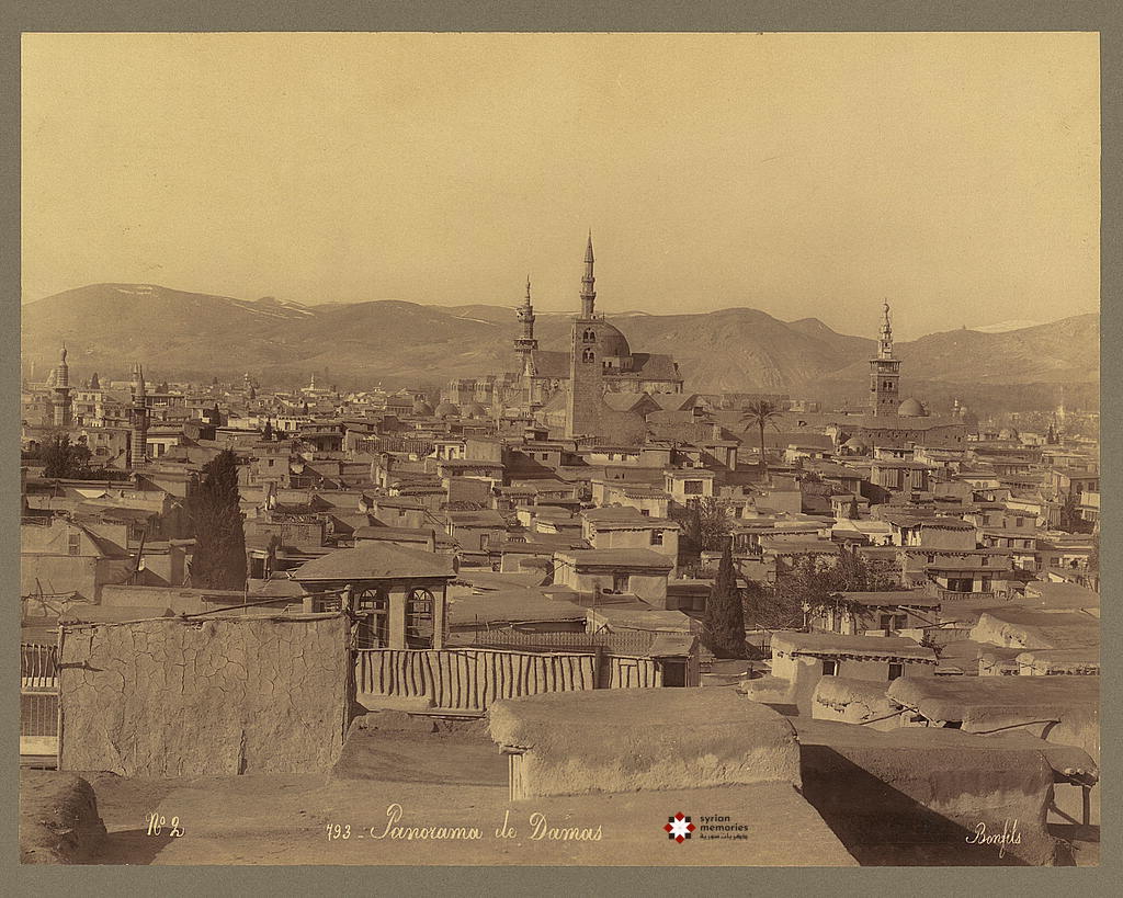 Late 19th century general view of Damascus with Umayyad Mosque and her three Minarets (from the left: Qaitbay, Isa and Bride)