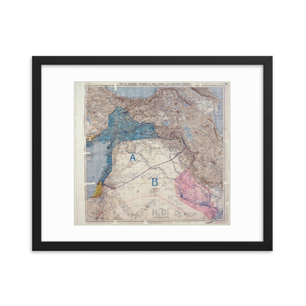 1916 Sykes-Picot Signed Agreement Framed Vintage Map Reprint