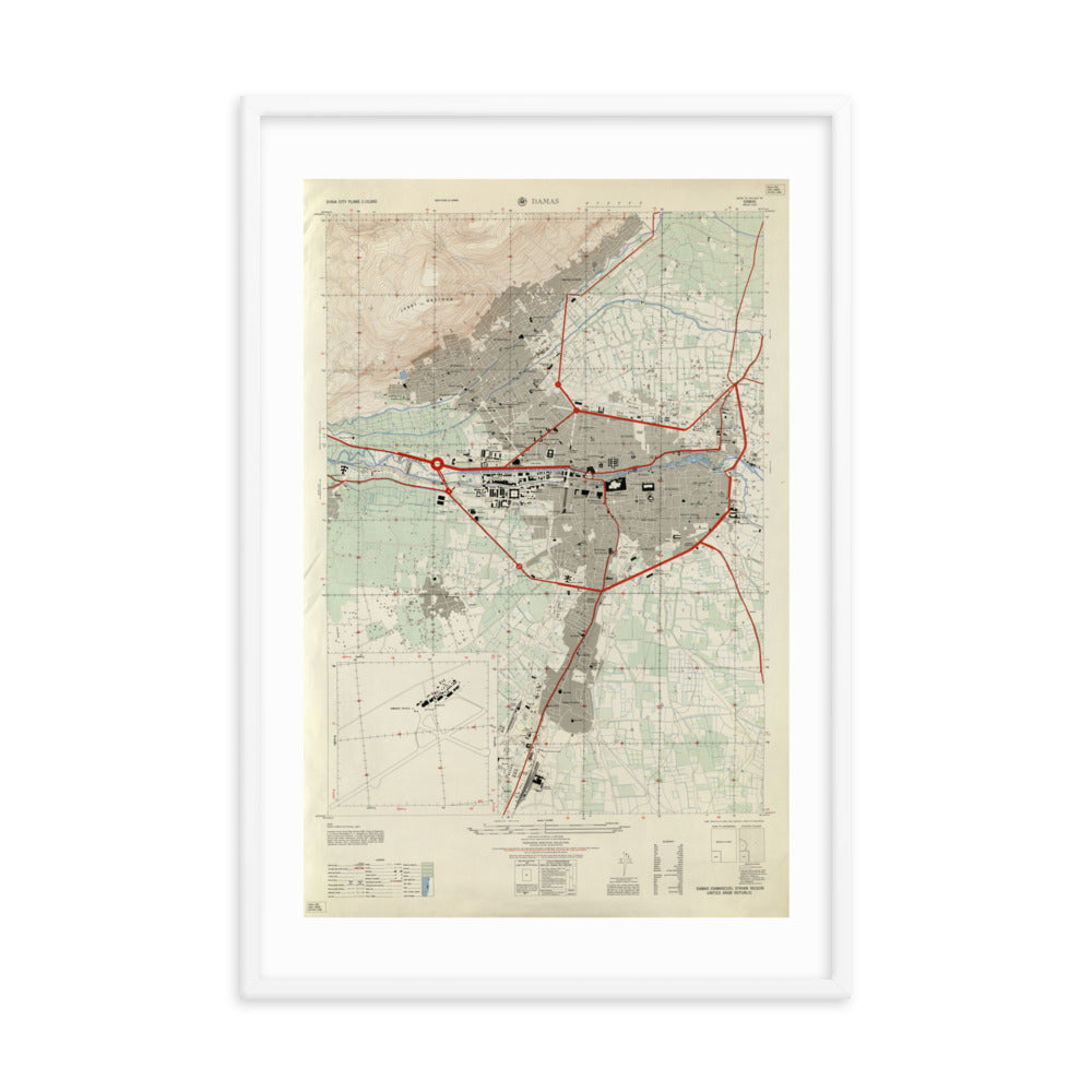1958 Detailed Map of Damascus Framed Reprint